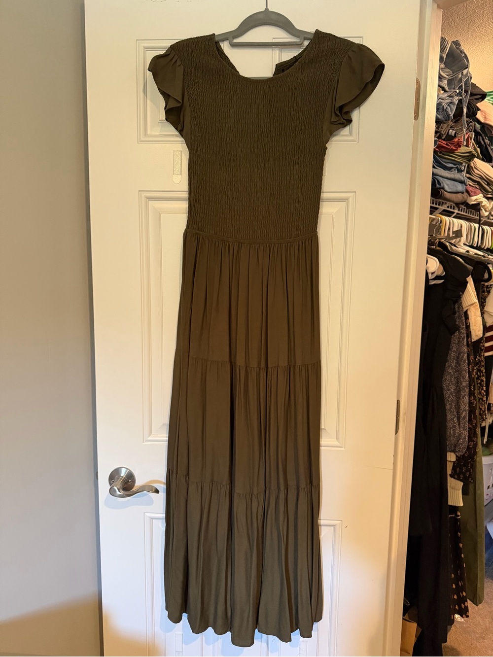 Olive Green Smocked Maxi Dress with Flutter Sleeves NWT Size S